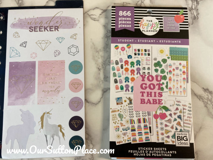 Happy Planner sticker book with unicorns and one for students