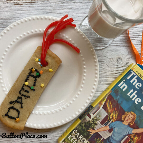 bookmark cookie on a plate with nancy drew book