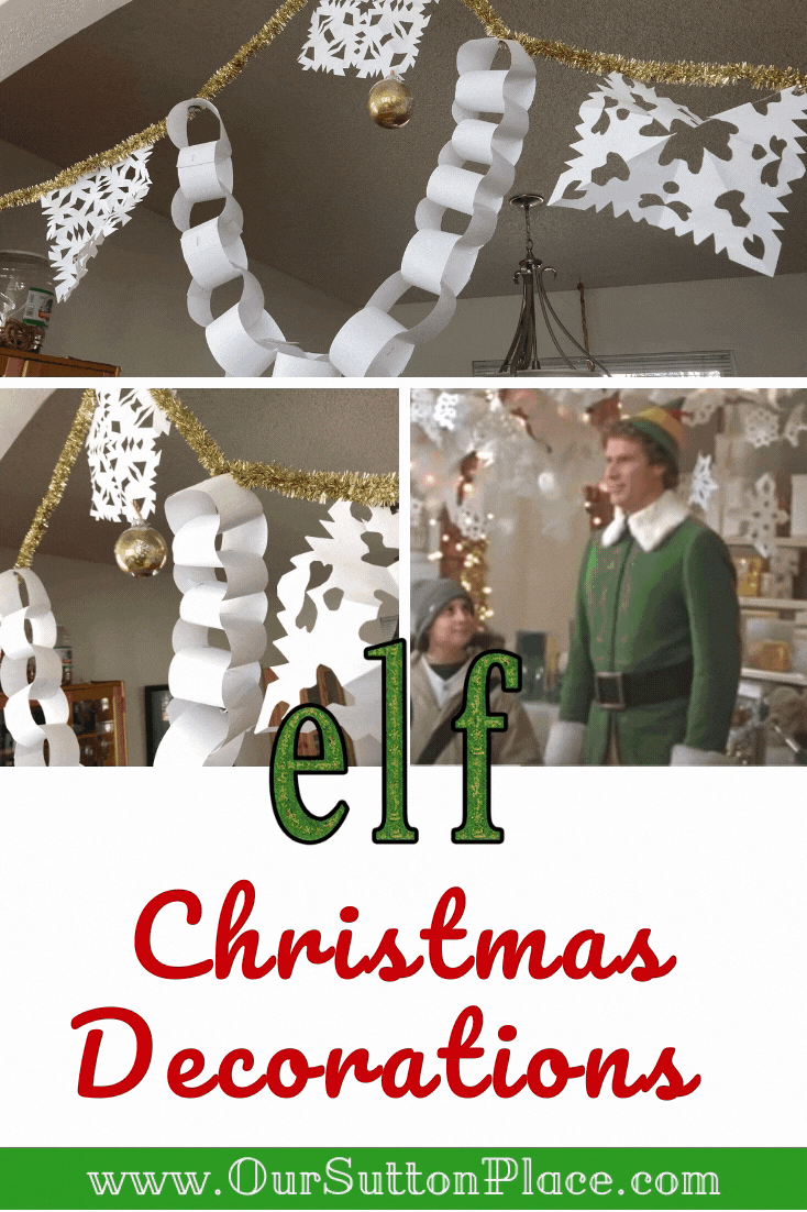 Title Card with a collage of the DIY snowflake and paper chain Elf Movie decorations 