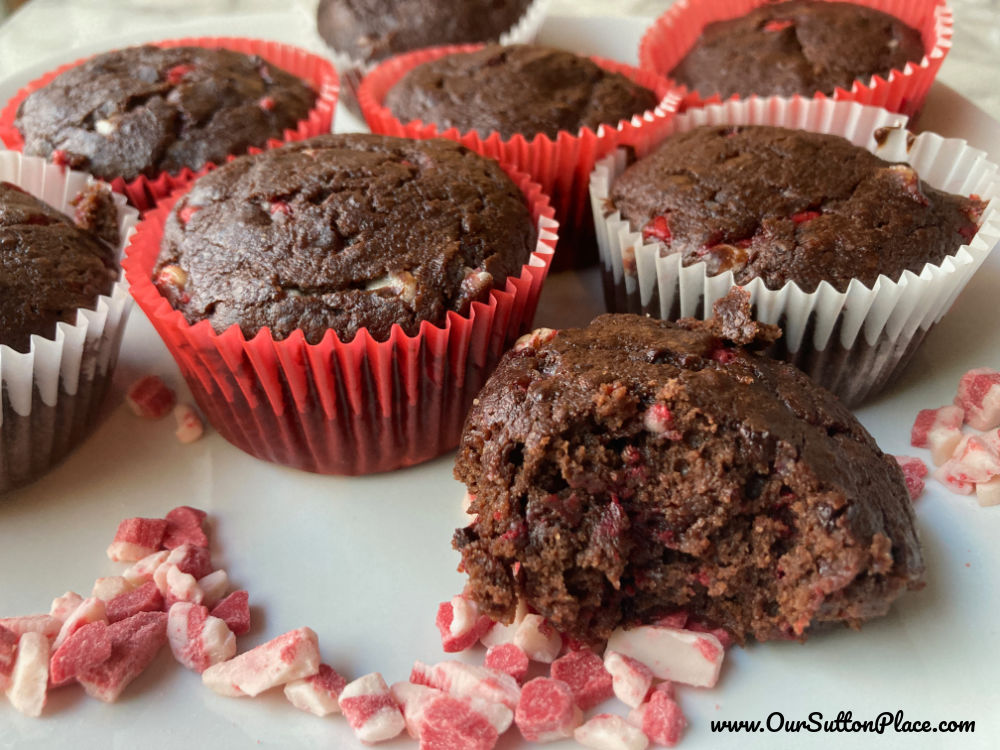 Chocolate Peppermint Protein muffins with red and white wrappers 