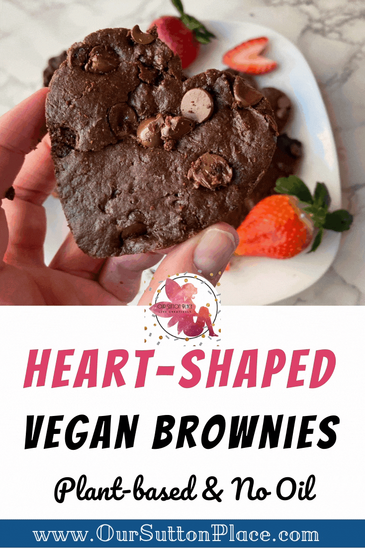 Title card with a heart-shaped vegan brownie above a plate of strawberries 