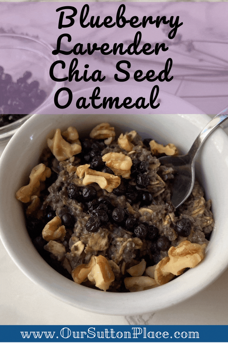 Vertical title card for blueberry lavender chia seed oatmeal 
