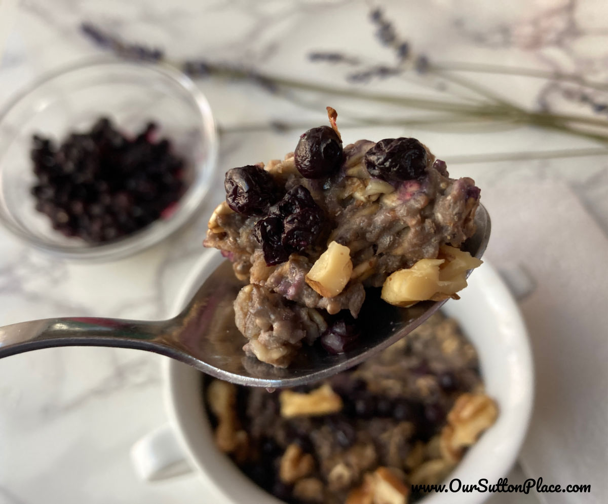 spoonful of blueberry lavender chia seed oatmeal with walnuts 